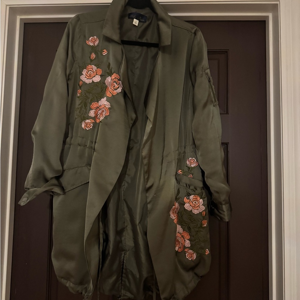 Blue Blush Olive Floral Embroidered Trench Coat